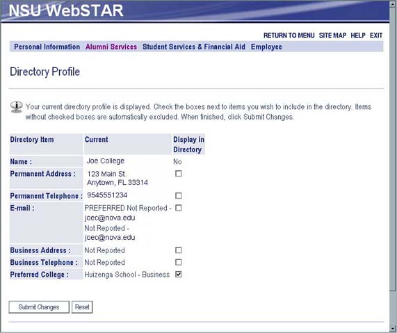 WebSTAR for Alumni Directory Profile screen
